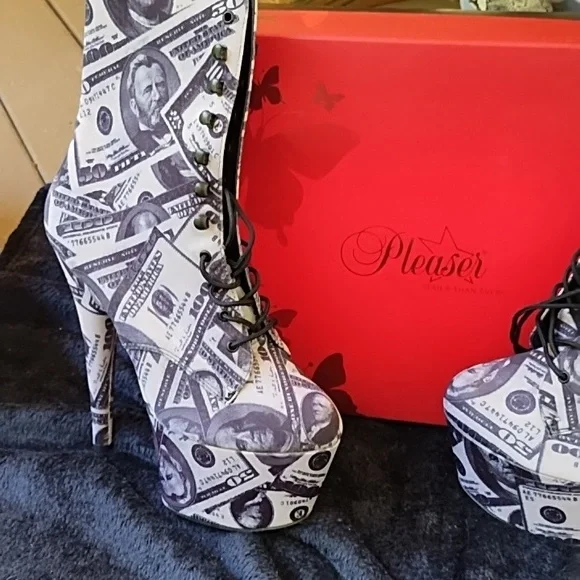 Pleaser Women's Money Print Heeled Boots - Picture 2 of 5